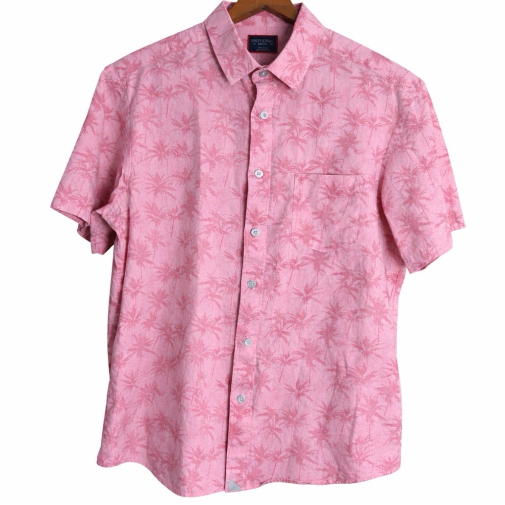 UNTUCKit Pink Tropical Palm Tree Print Men's Short Sleeve Button Down Shirt